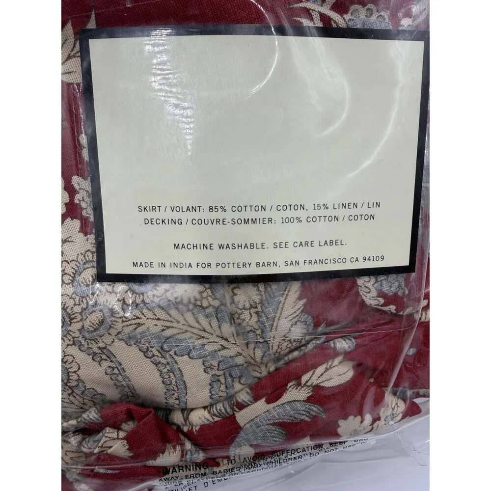 Pottery Barn Margaret bed skirt juponnage Cotton Linen Floral Beige Red Queen